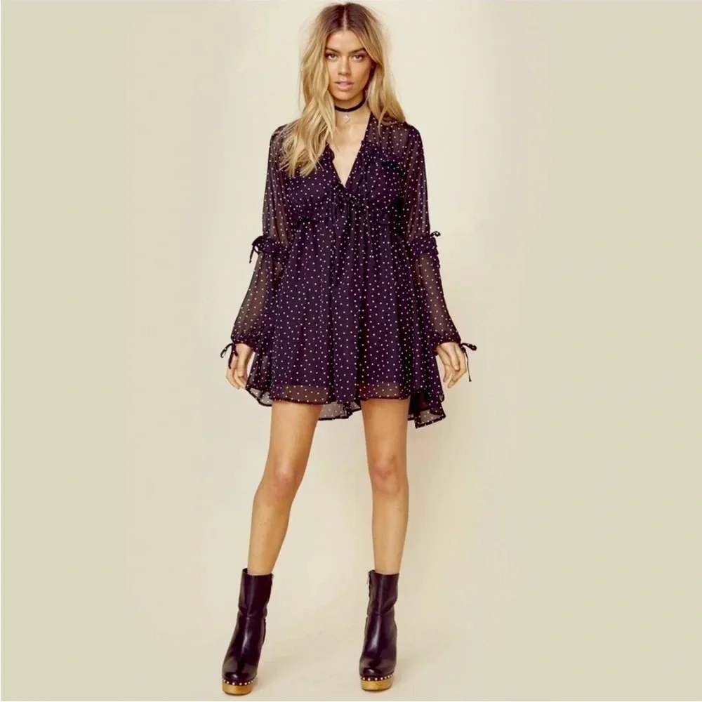 For Love & Lemons Truffles Polka Dot Babydoll Mini Dress Black Romantic Size S - Picture 11 of 11